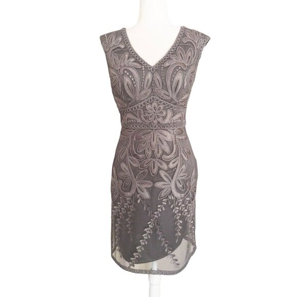 Sue Wong Embroidered Mesh Sleeveless Cocktail Dress Size 8 Gray Floral Design - Picture 1 of 14